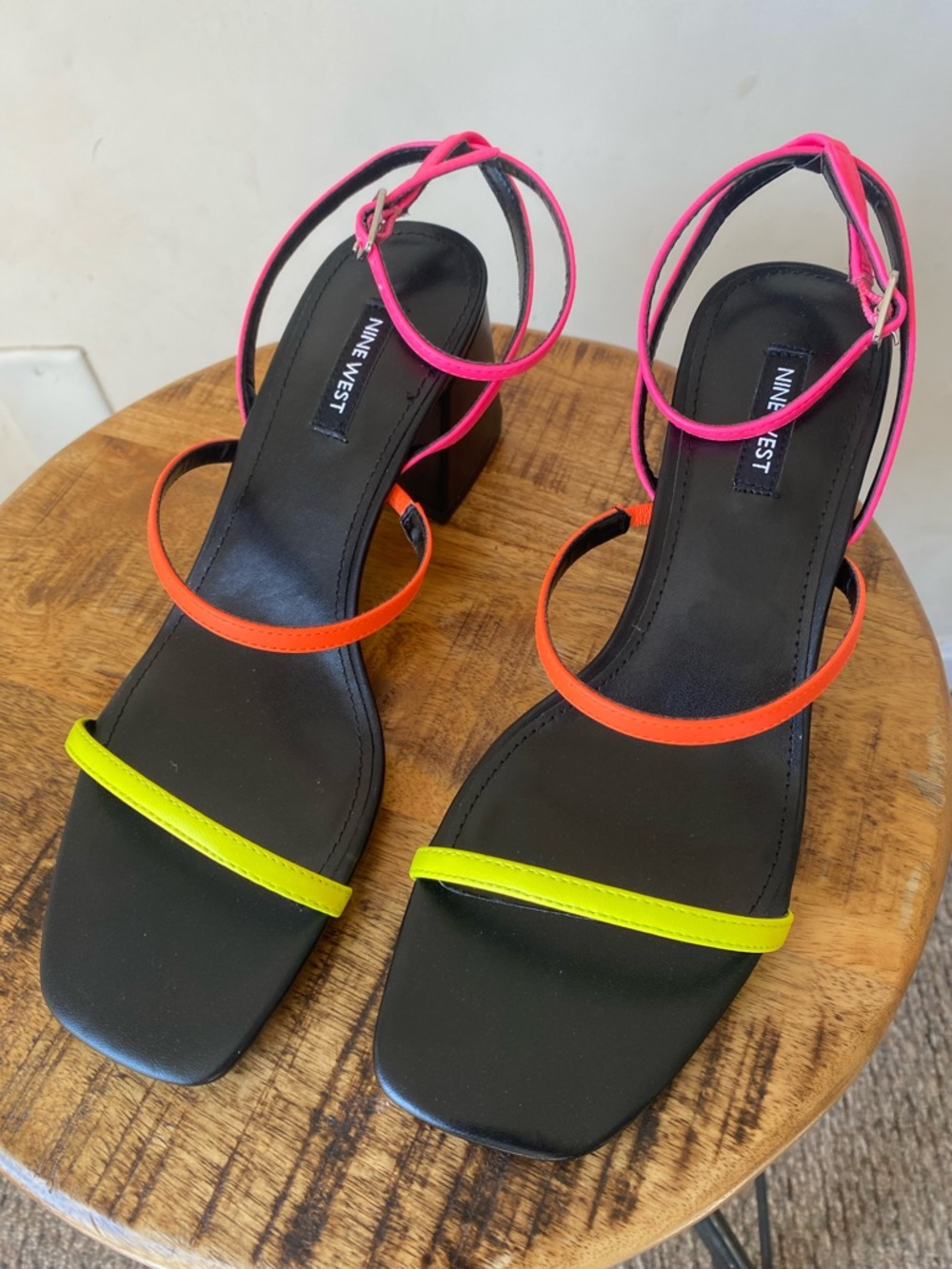 Nine West Neon Strap Block Heel Sandals in Pink, Orange & Yellow Size 9M